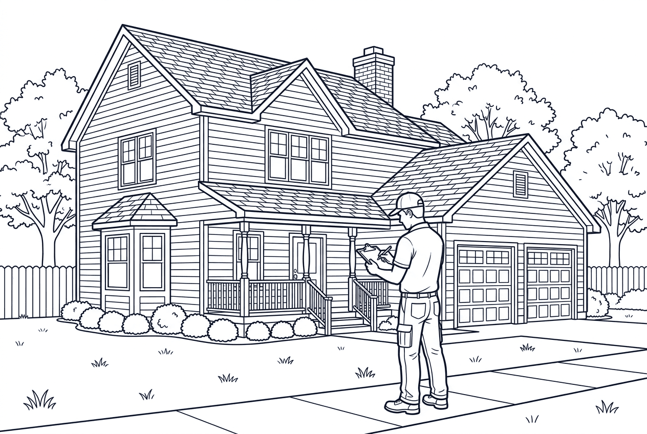 Illustration of a worker in a cap standing in front of a house, writing a quote on his clipboard