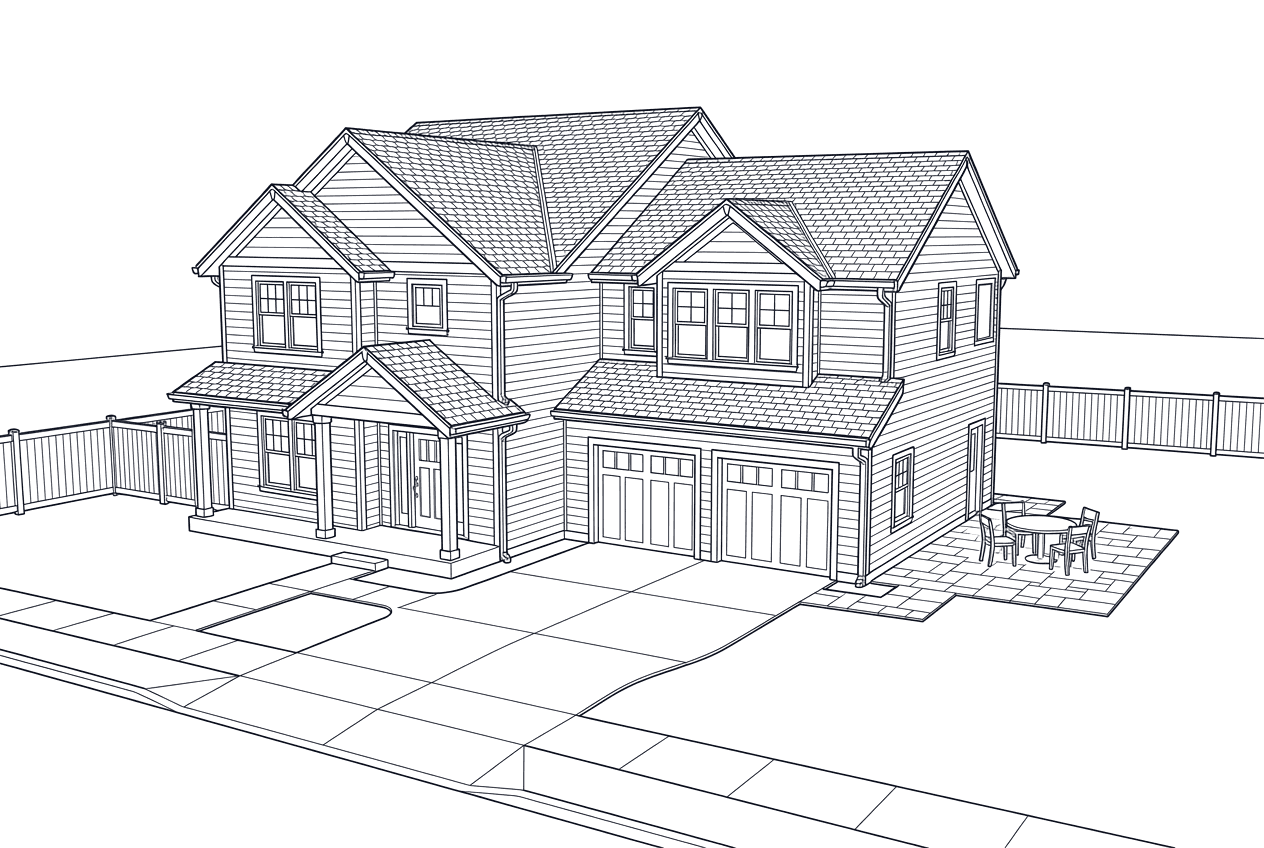 Line drawing of a two-story home with its roof, siding, windows, gutters, fence, patio, driveway, and sidewalk