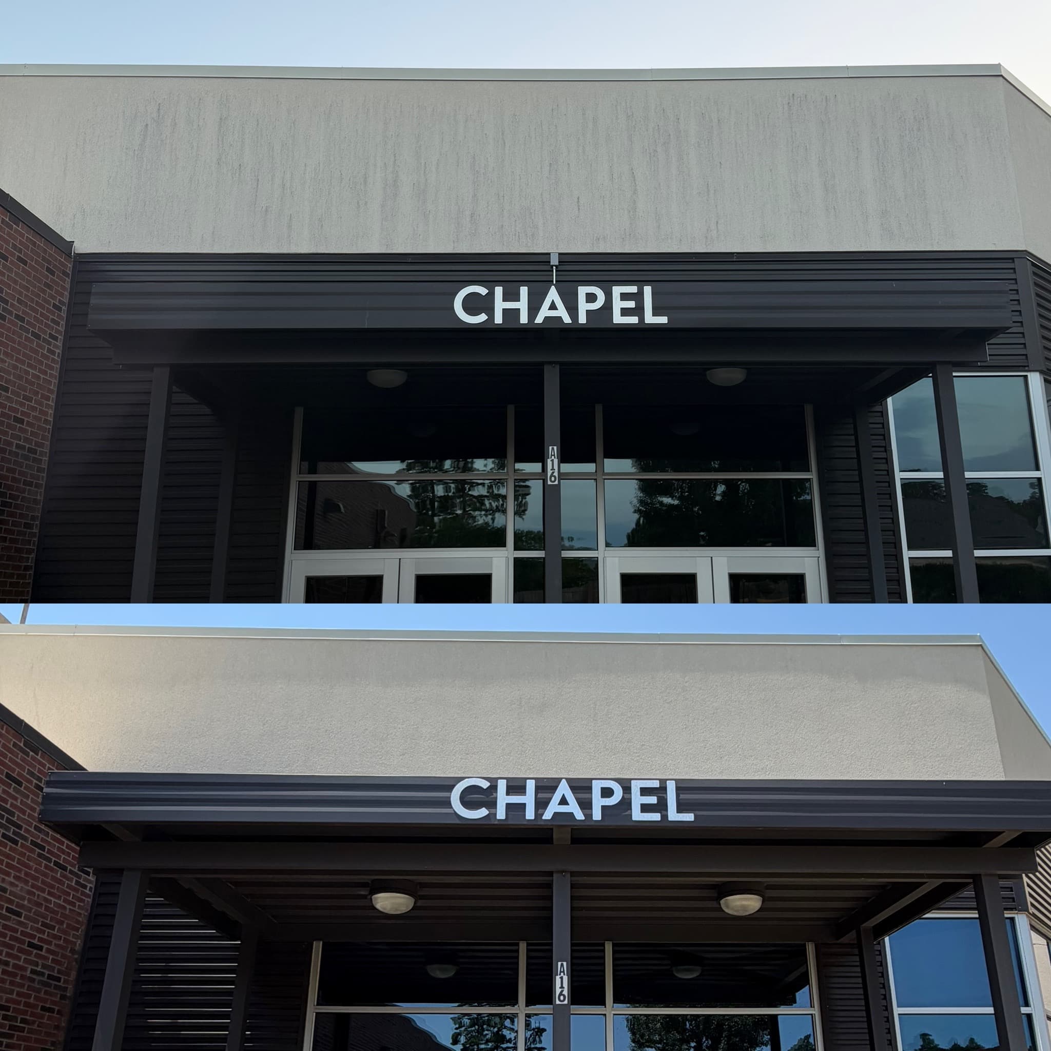 Before and after of a chapel entrance, dingy before and clean after