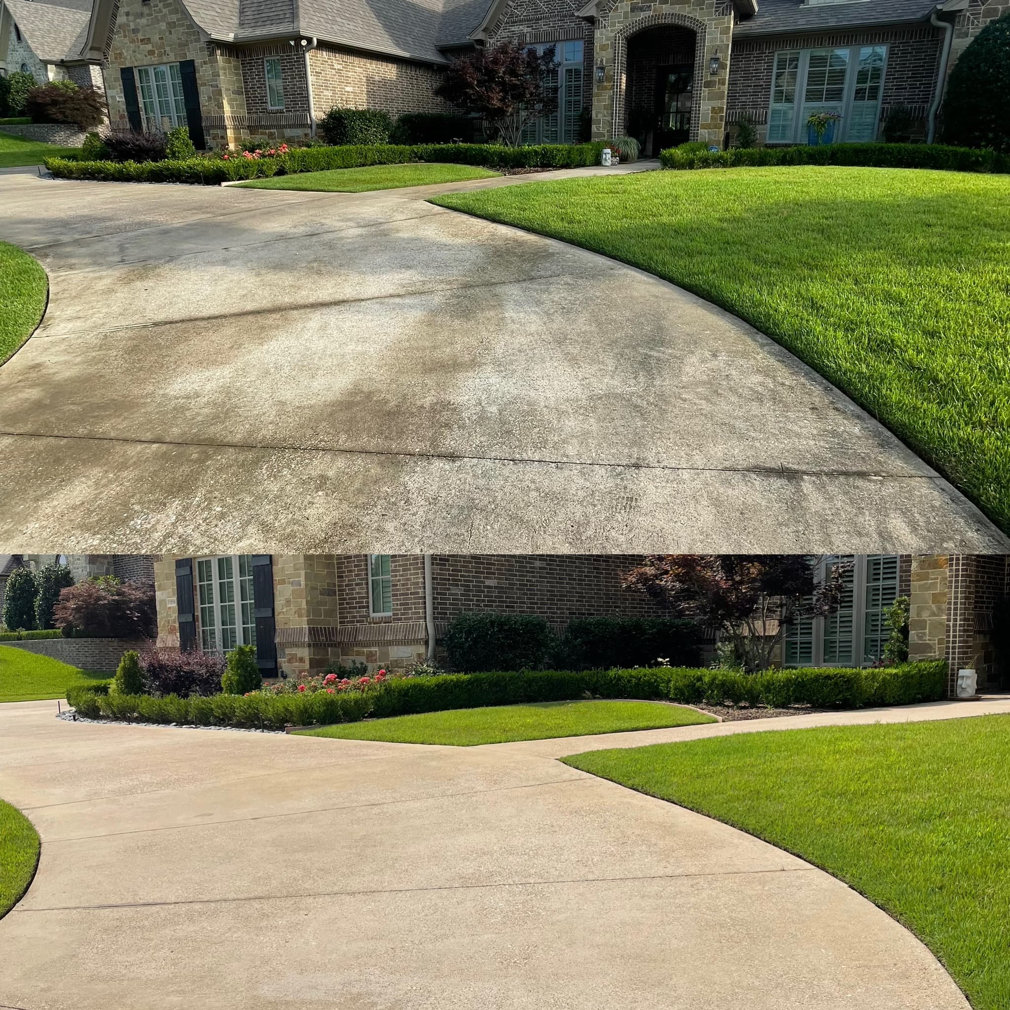 Before and after of a curved concrete driveway, dark and stained before and bright after