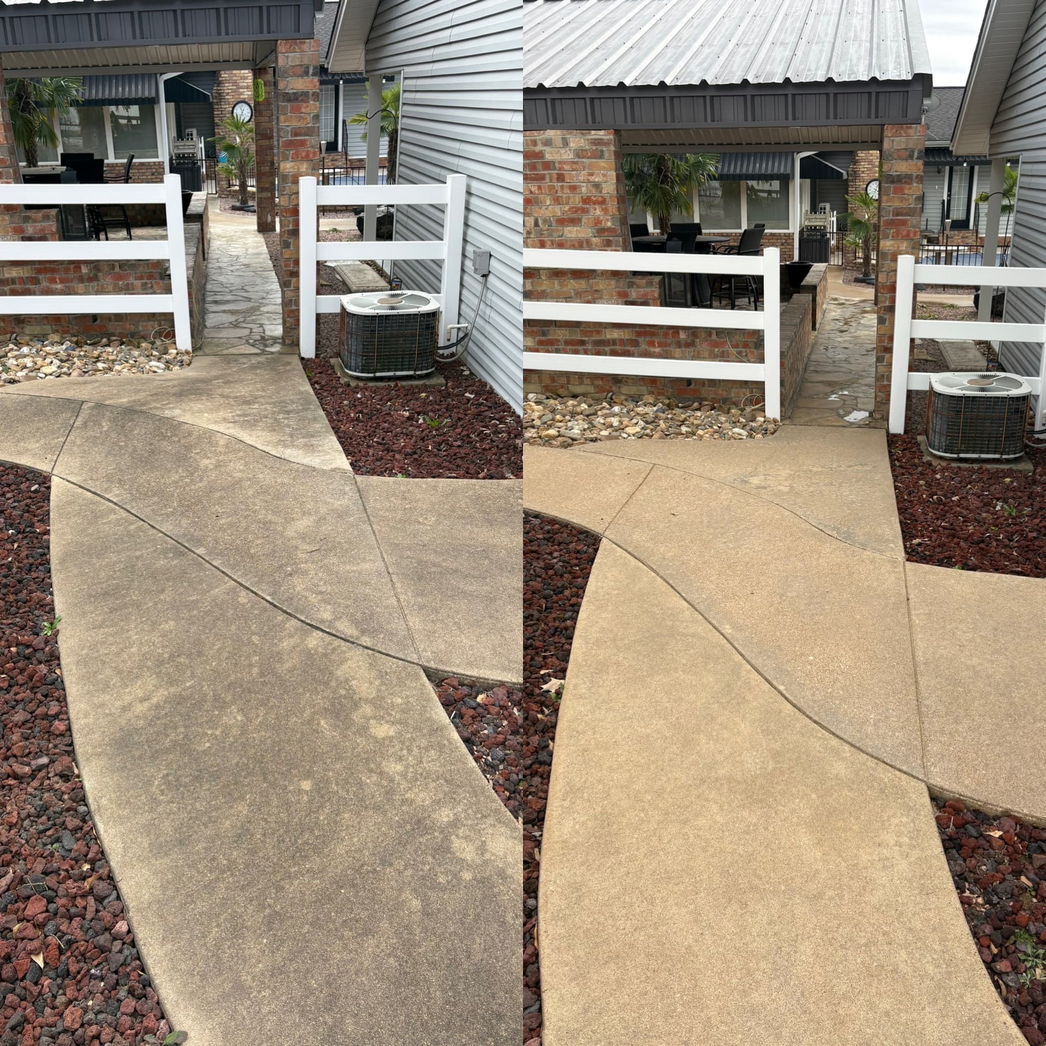 Before and after of a curved concrete walkway, stained before and clean after