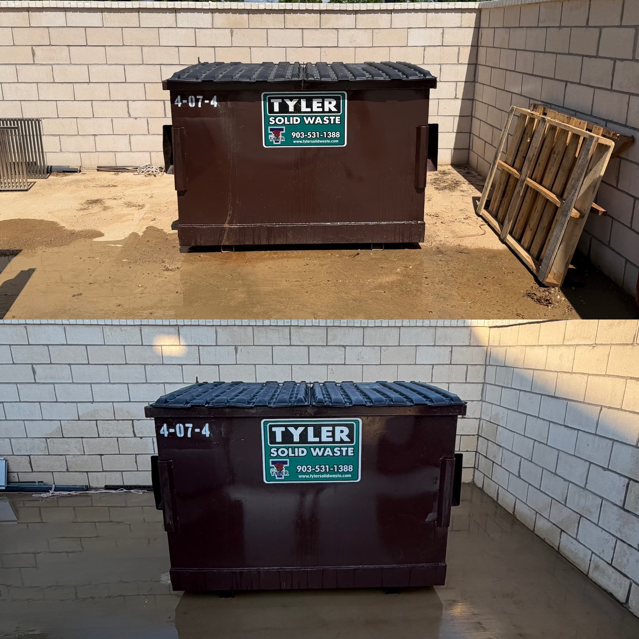 Before and after of a dumpster pad, grimy before and clean after