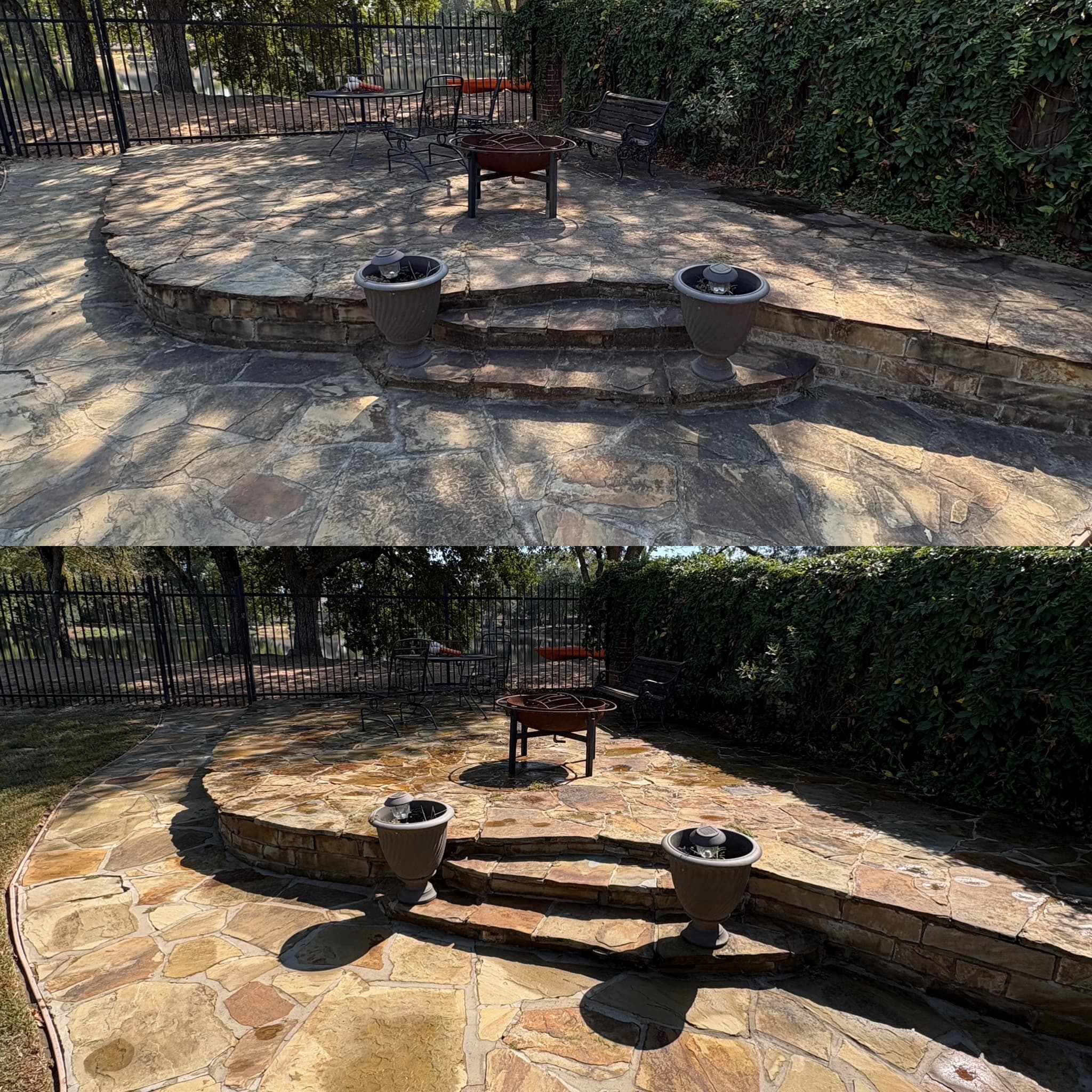 Before and after of a flagstone patio with seating, darkened before and clean after