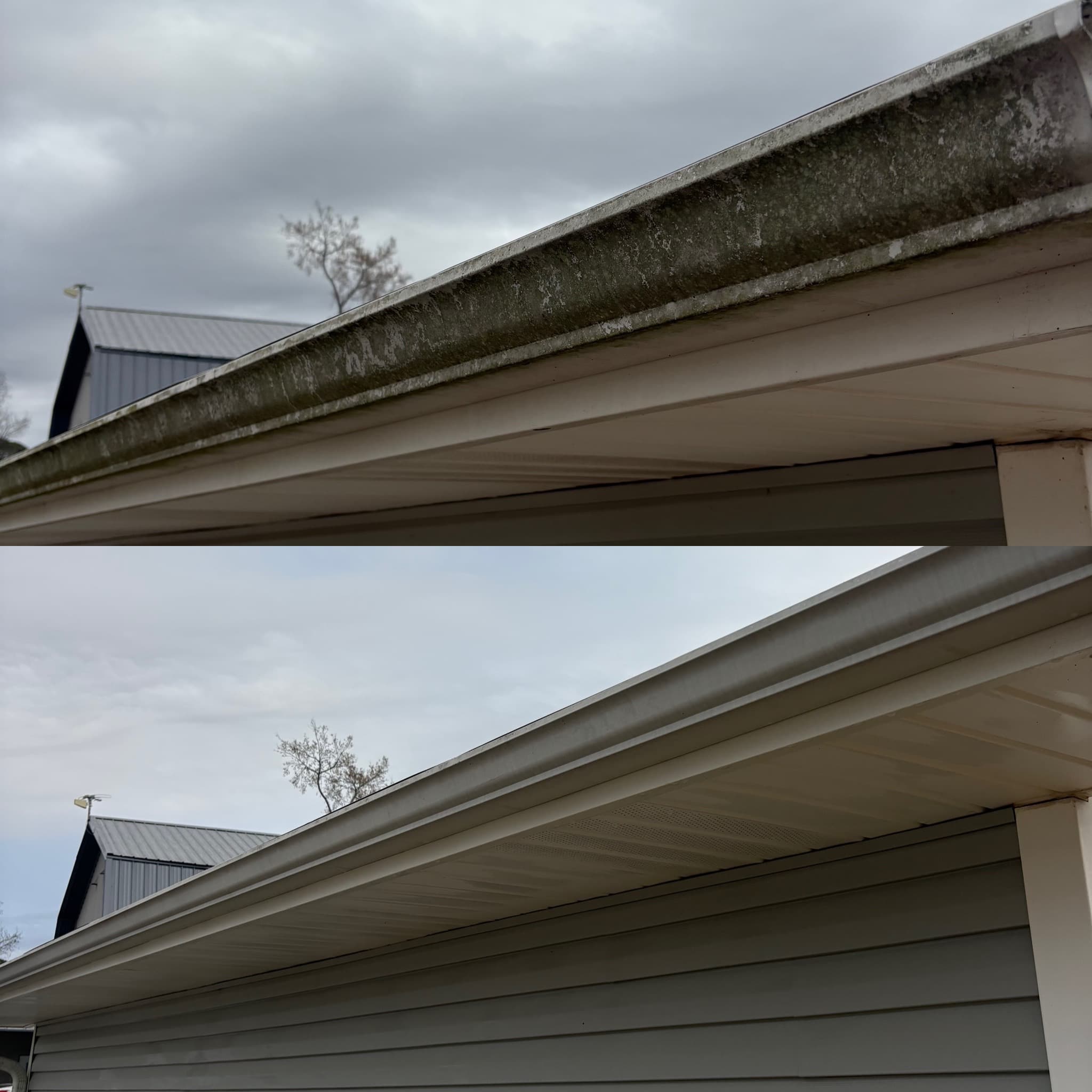 Before and after of gutters and fascia, streaked before and clean after