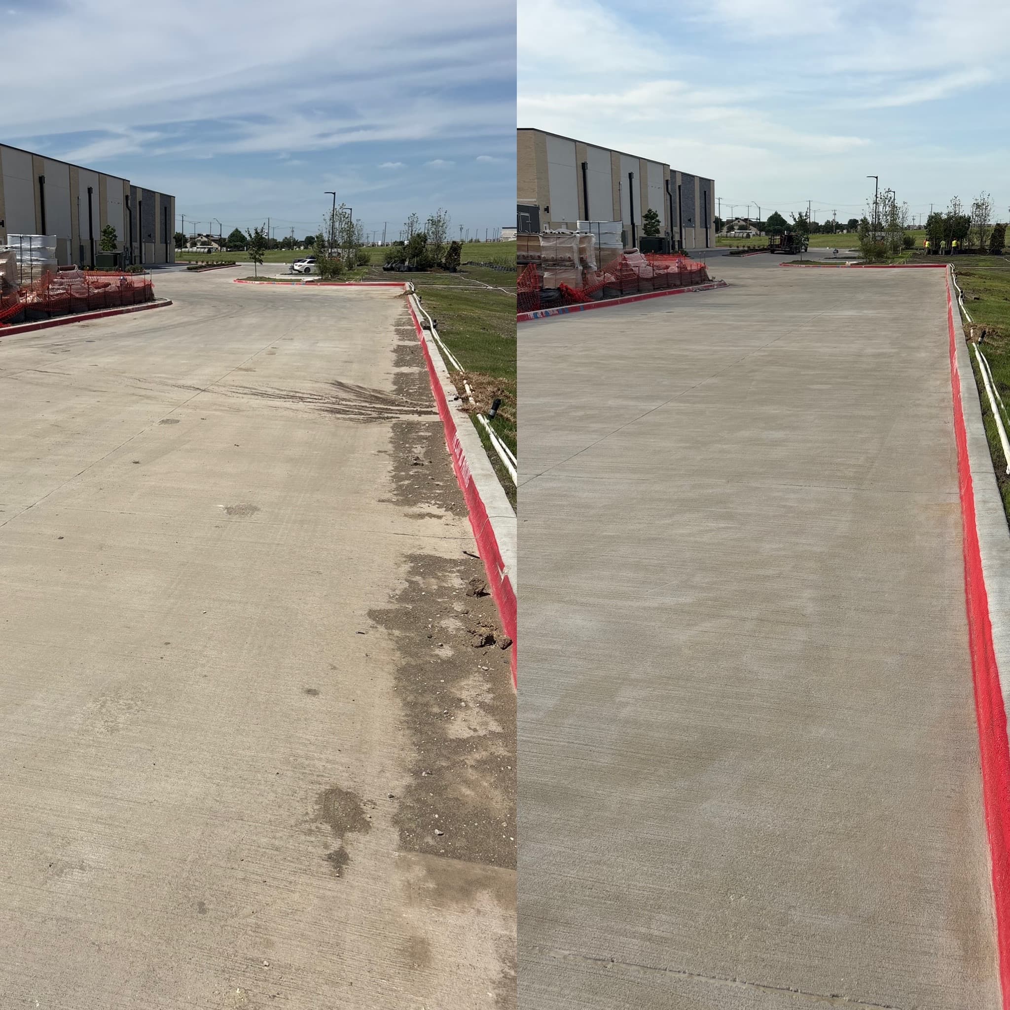 Before and after of a parking lot curb, stained before and clean after