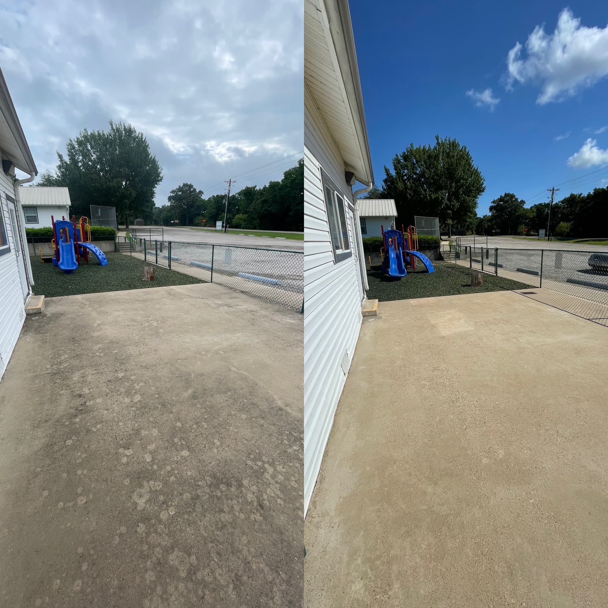 Before and after of a sidewalk beside a playground, stained before and clean after
