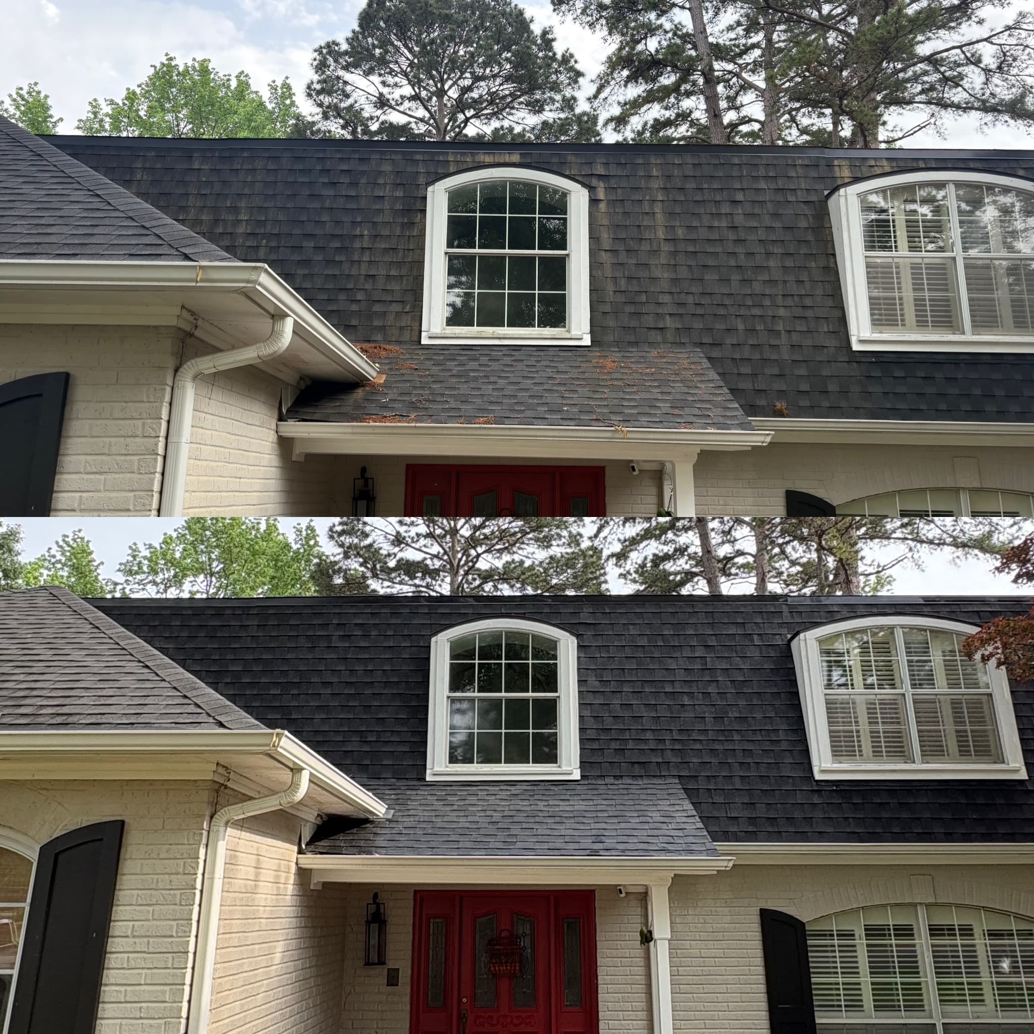 Before and after of a shingle roof with dormers, streaked with algae before and clean after