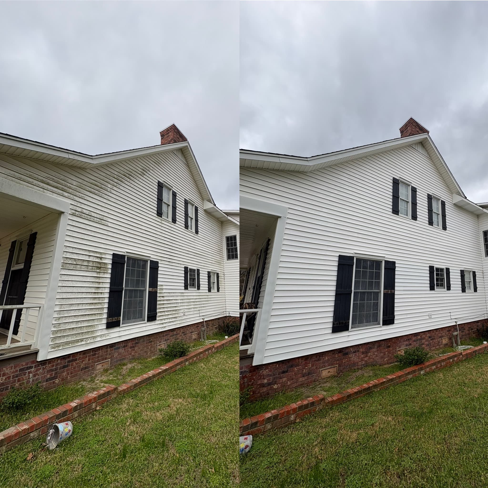 Before and after of a white-sided house, dingy before and bright after