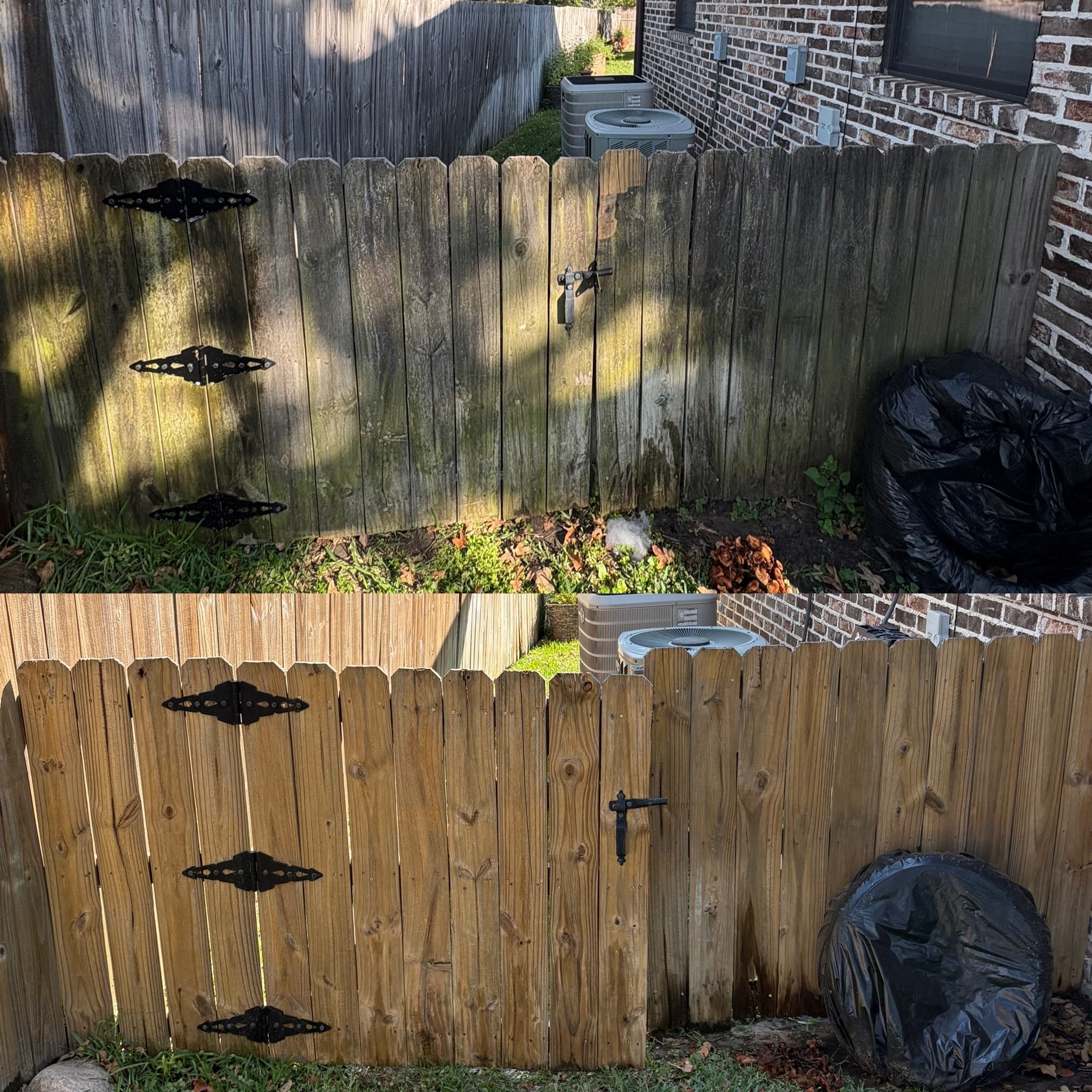Before and after of a wooden fence and gate, gray before and warm wood after